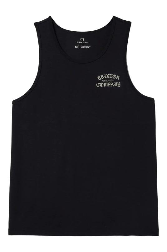 Black tank top with 'Brixton' logo in white on front left chest