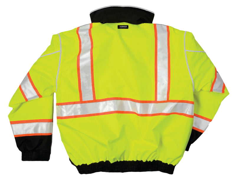 Load image into Gallery viewer, Kishigo JS119 Class 3 Bomber Jacket that is made from a durable ripstop material with waterproof seam sealed construction in the lime color - flat back
