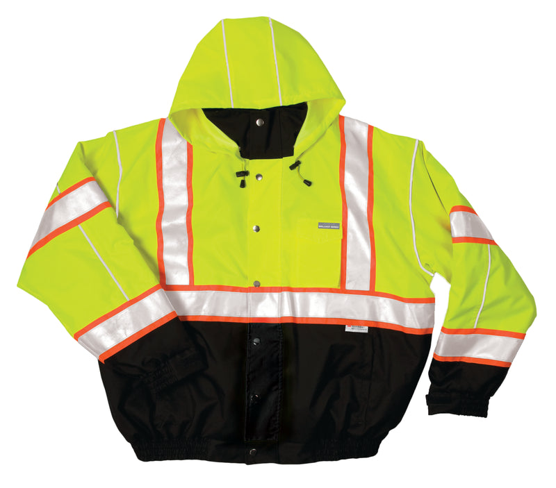 Load image into Gallery viewer, Kishigo JS119 Class 3 Bomber Jacket that is made from a durable ripstop material with waterproof seam sealed construction in the lime color - flat front
