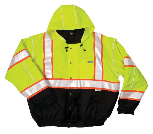 Kishigo JS119 Class 3 Bomber Jacket that is made from a durable ripstop material with waterproof seam sealed construction in the lime color - flat front