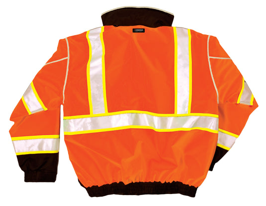 Kishigo JS120 Class 3 Bomber Jacket that is made from a durable ripstop material with waterproof seam sealed construction in the orange color - back flat