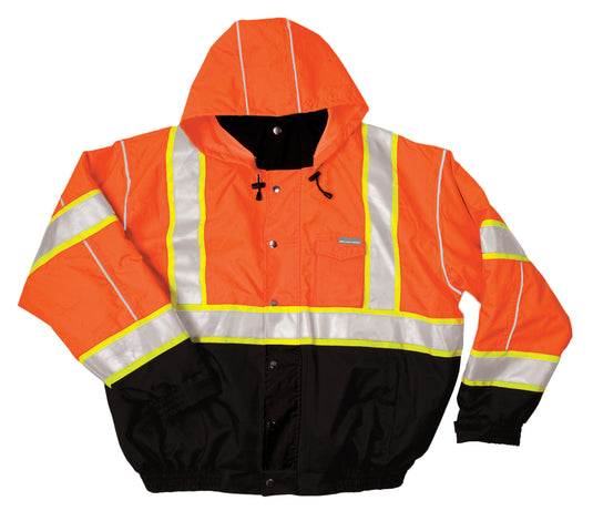 Kishigo JS120 Class 3 Bomber Jacket that is made from a durable ripstop material with waterproof seam sealed construction in the orange color - Front Flat