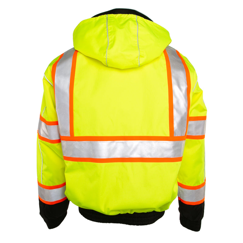 Load image into Gallery viewer, Kishigo JS119 Class 3 Bomber Jacket that is made from a durable ripstop material with waterproof seam sealed construction in the lime color - ghost model back
