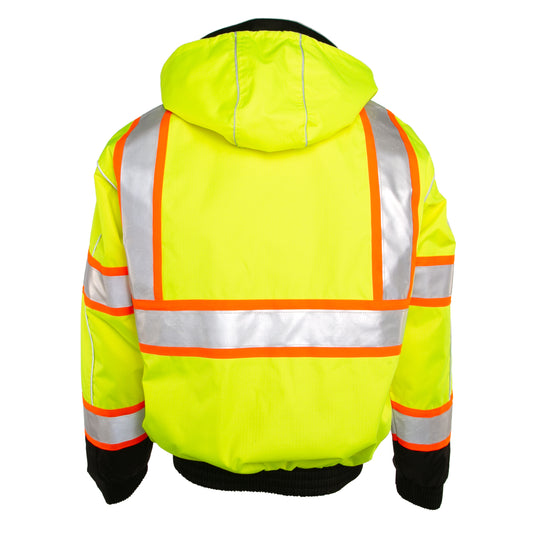 Kishigo JS119 Class 3 Bomber Jacket that is made from a durable ripstop material with waterproof seam sealed construction in the lime color - ghost model back