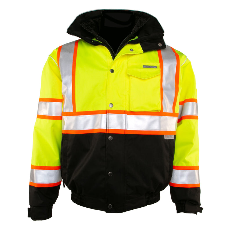 Load image into Gallery viewer, Kishigo JS119 Class 3 Bomber Jacket that is made from a durable ripstop material with waterproof seam sealed construction in the lime color - ghost model front
