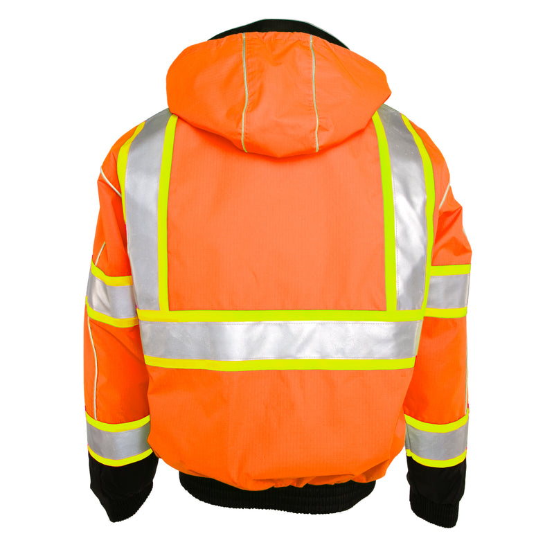 Load image into Gallery viewer, Kishigo JS120 Class 3 Bomber Jacket that is made from a durable ripstop material with waterproof seam sealed construction in the orange color - ghost model back
