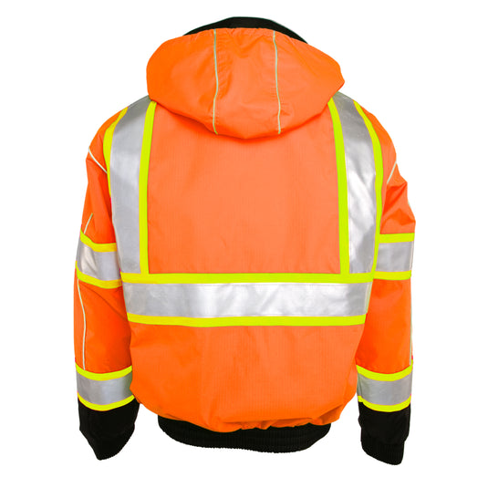 Kishigo JS120 Class 3 Bomber Jacket that is made from a durable ripstop material with waterproof seam sealed construction in the orange color - ghost model back