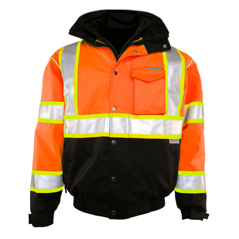 Load image into Gallery viewer, Kishigo JS120 Class 3 Bomber Jacket that is made from a durable ripstop material with waterproof seam sealed construction in the orange color - ghost model front
