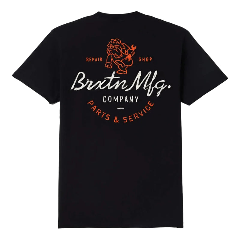 Load image into Gallery viewer, Brixton Tolman Short Sleeve standard fit classic tee with a screenprint of Brixton Manufacturing Company Parts &amp; Service text and a repair shop bulldog character screenprint on back.
