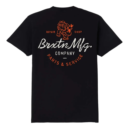 Brixton Tolman Short Sleeve standard fit classic tee with a screenprint of Brixton Manufacturing Company Parts & Service text and a repair shop bulldog character screenprint on back.