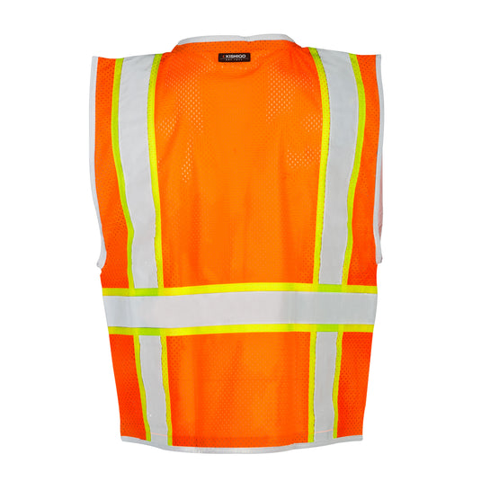 The back of a Kishigo 1511 orange mesh safety vest with reflective stripes.