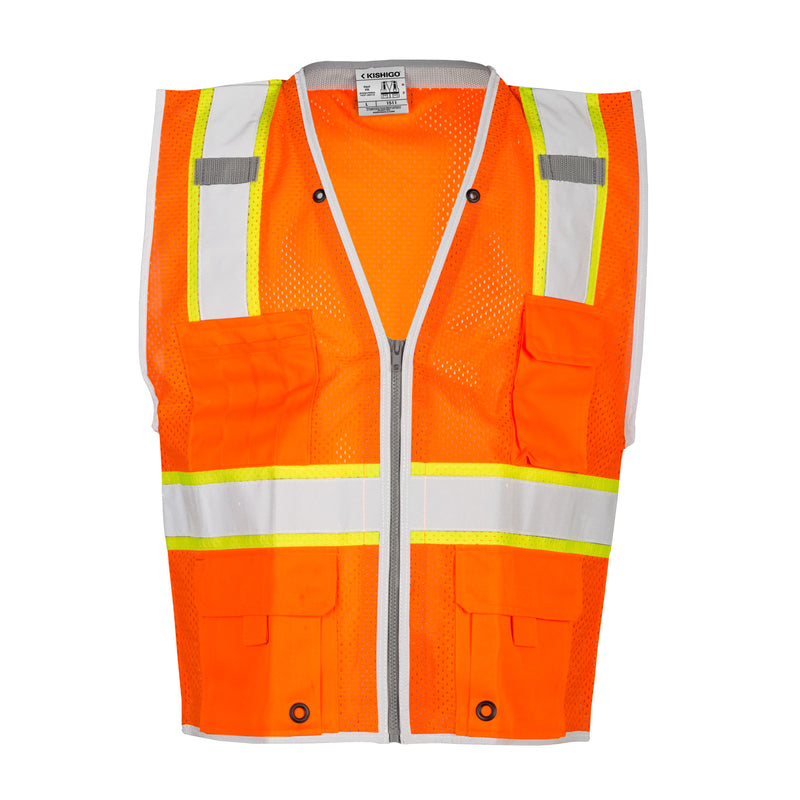 Load image into Gallery viewer, Kishigo 1511 orange mesh safety vest with reflective stripes.
