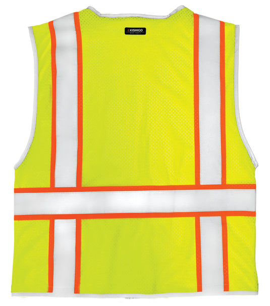 Flat image of the back of a Kishigo 1510 yellow mesh safety vest with reflective stripes.