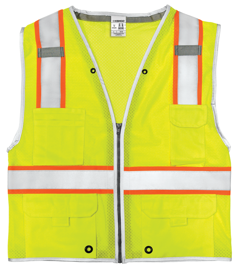 Load image into Gallery viewer, Kishigo 1510 lime yellow mesh safety vest with reflective stripes.
