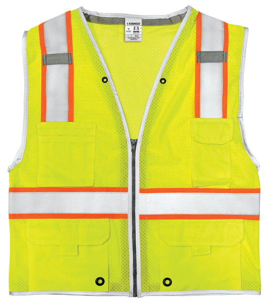 Kishigo 1510 lime yellow mesh safety vest with reflective stripes.