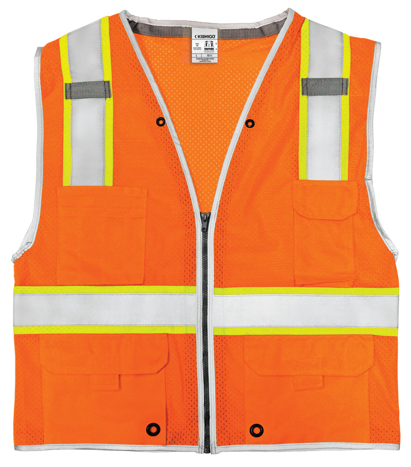 Load image into Gallery viewer, Flat image of a Kishigo 1511 orange mesh safety vest with reflective stripes.
