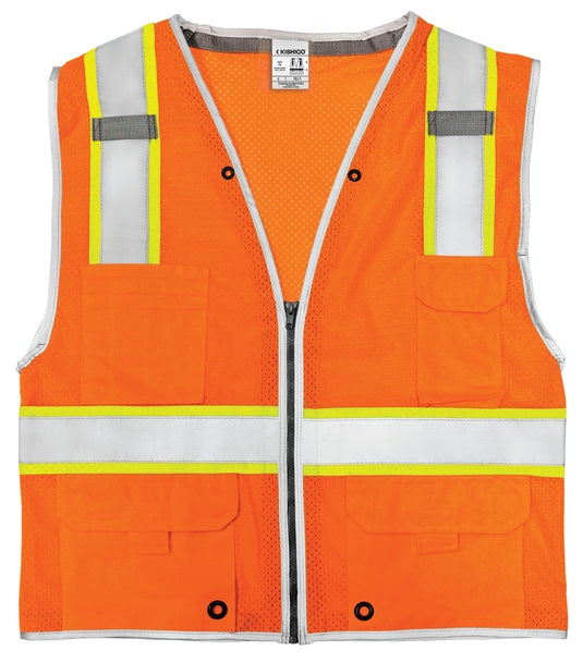 Flat image of a Kishigo 1511 orange mesh safety vest with reflective stripes.