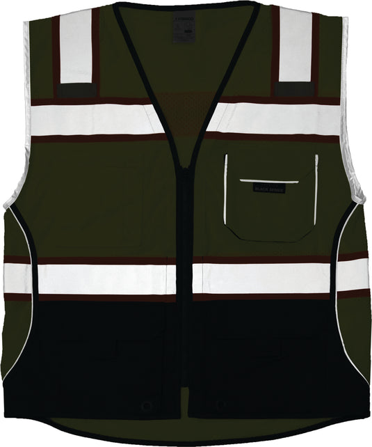 Kishigo 1515 Black Series Black Bottom Vest - lime at night - shows the reflective stripe 