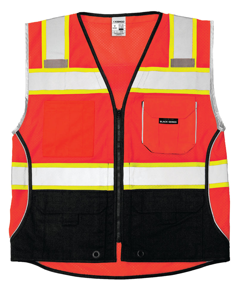 Load image into Gallery viewer, Kishigo ANSI red safety vest with reflective stripes and a black bottom.
