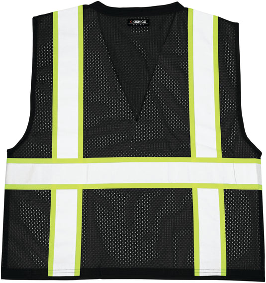 The back of a B100 Kishigo enhanced visibility black vest 