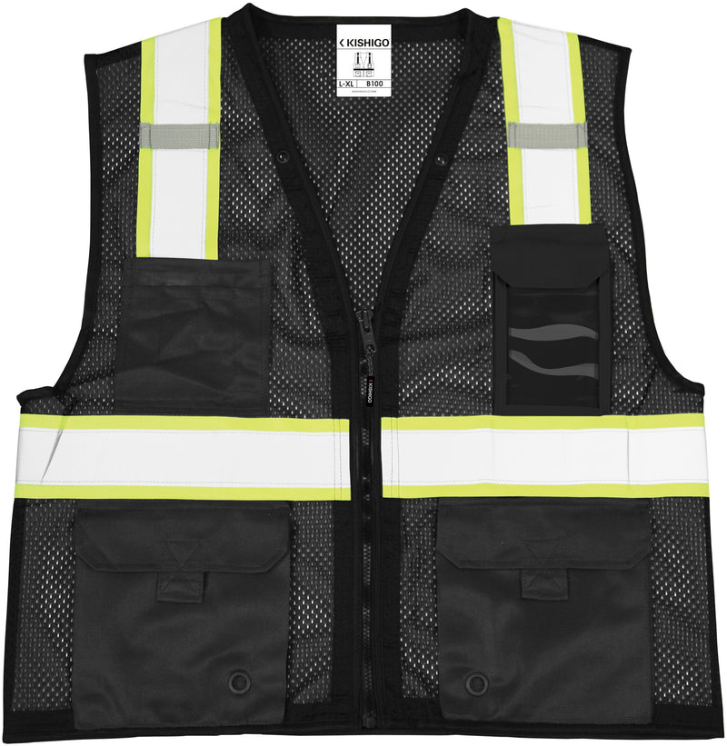 Load image into Gallery viewer, The front of a B100 Kishigo enhanced visibility black vest 
