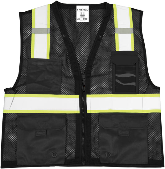 The front of a B100 Kishigo enhanced visibility black vest 