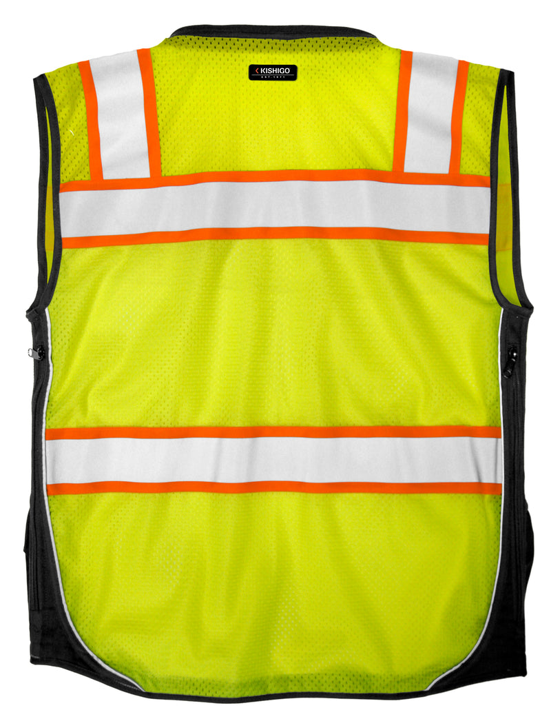 Load image into Gallery viewer, Kishigo S5002 Black Series Surveyor's Vest is a premium solid front with heavy duty bottom and mesh back - back lime flat
