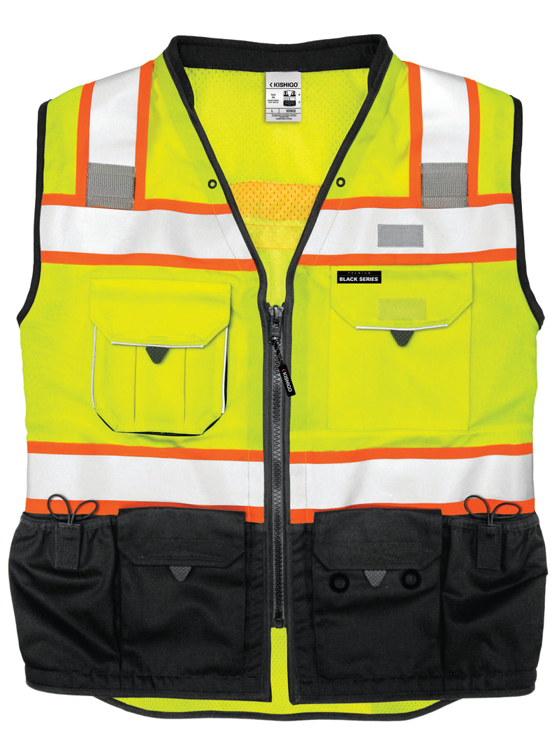 Load image into Gallery viewer, Kishigo S5002 Black Series Surveyor's Vest is a premium solid front with heavy duty bottom and mesh back - front lime flat

