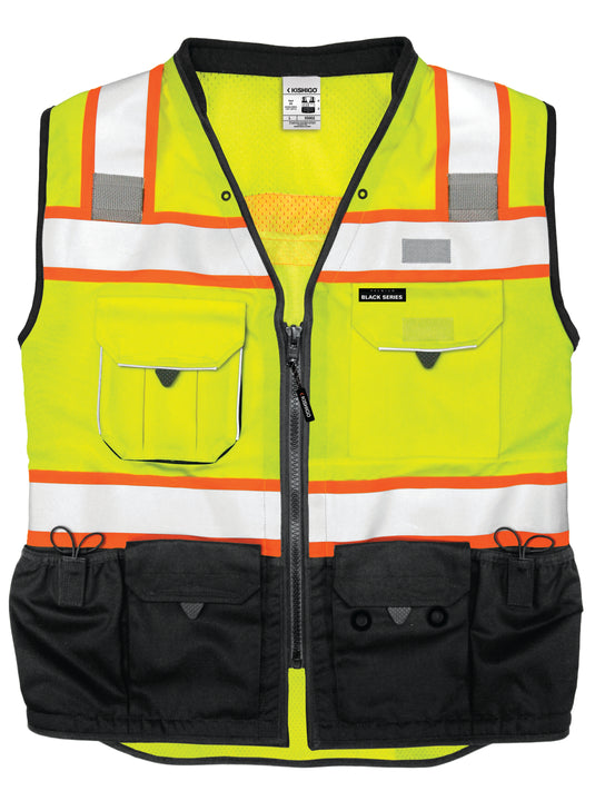Kishigo S5002 Black Series Surveyor's Vest is a premium solid front with heavy duty bottom and mesh back - front lime flat