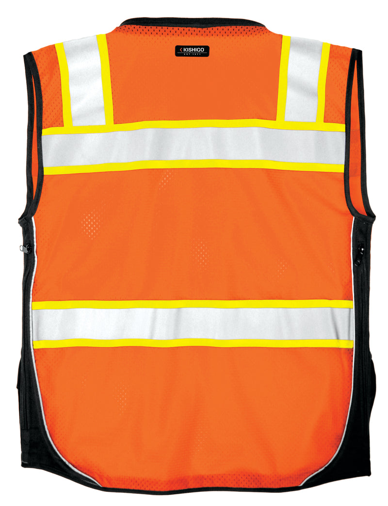 Load image into Gallery viewer, Kishigo S5003 Black Series Surveyor's Vest is a premium solid front with heavy duty bottom and mesh back - back orange flat
