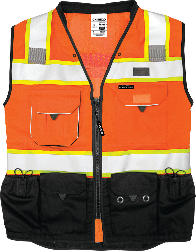 Load image into Gallery viewer, Kishigo S5003 Black Series Surveyor's Vest is a premium solid front with heavy duty bottom and mesh back - front orange flat
