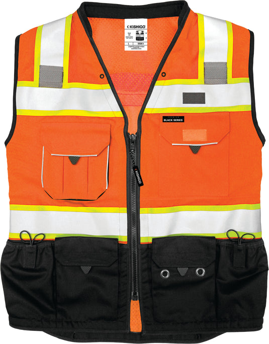 Kishigo S5003 Black Series Surveyor's Vest is a premium solid front with heavy duty bottom and mesh back - front orange flat